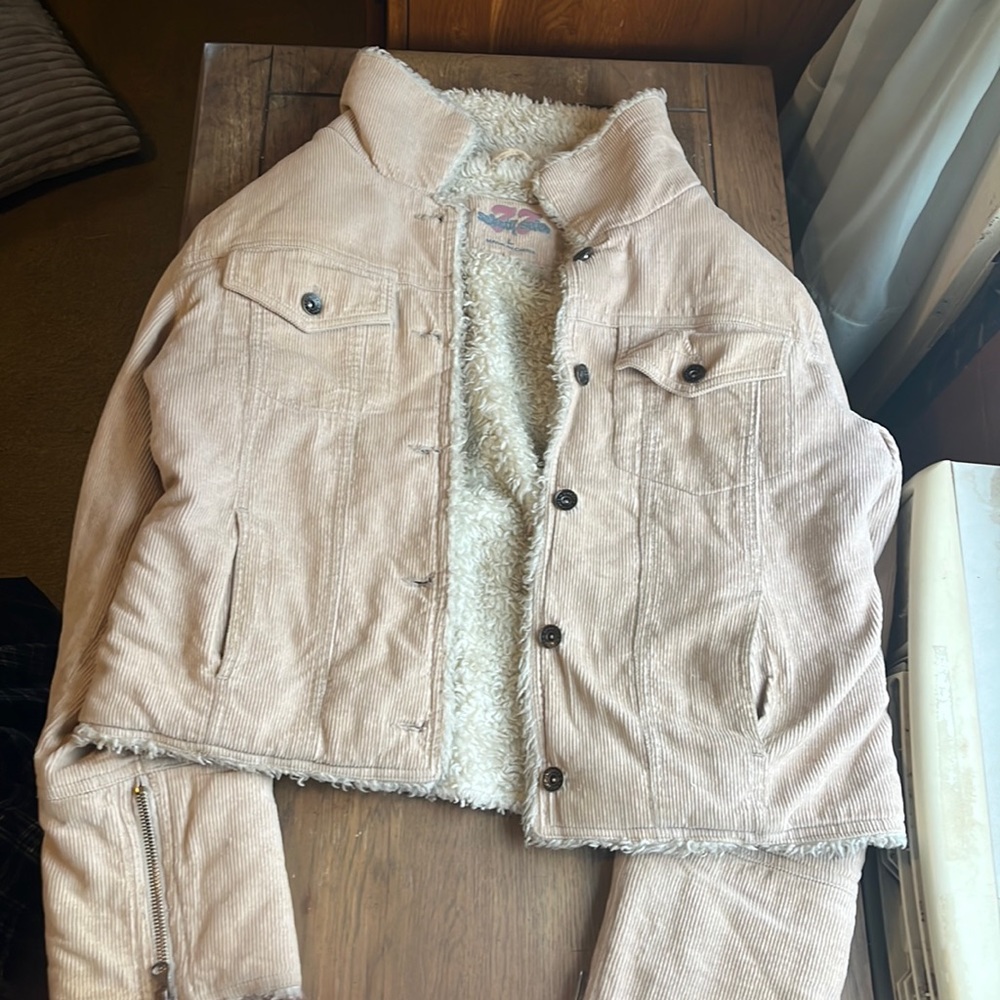tan cropped button up winter jacket